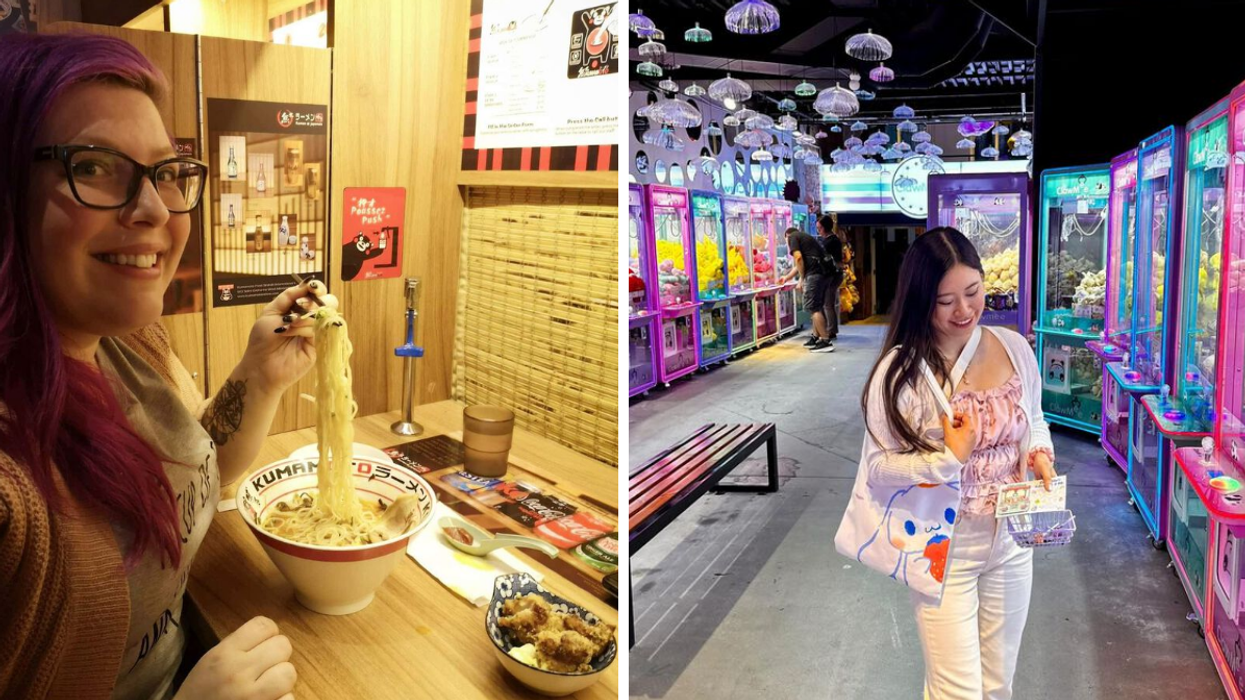 Someone eating ramen in a private booth. Right: Someone shows off their prize at a Montreal claw arcade.
