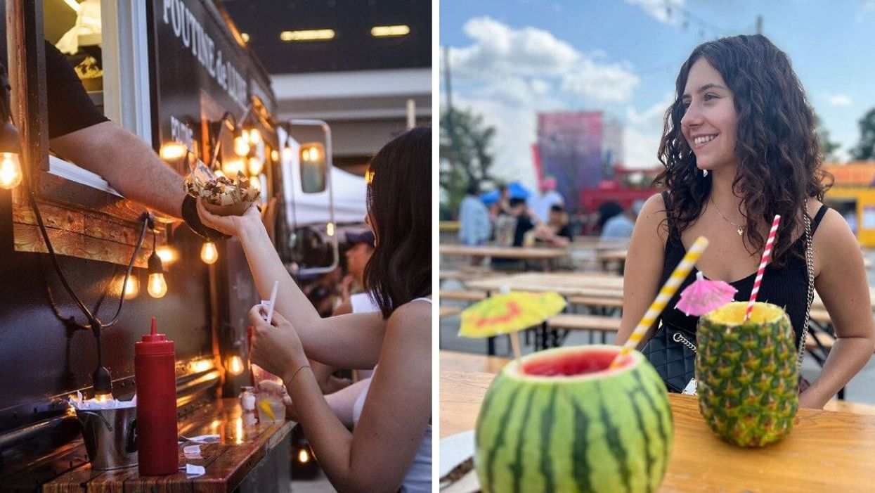Someone gets food from a food truck outside the Montreal Olympic Stadium. Right: A person with a watermelon and pineapple drinks in the Old Port.