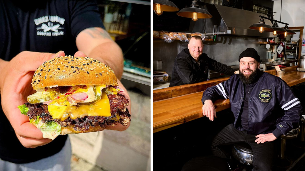 Someone holding a cheesy double smash burger on a brioche bun. Right: The owners of Chez Simon Cantine Urbaine in a restaurant.