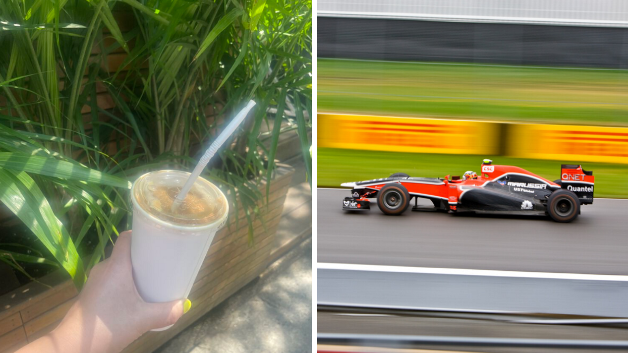 Someone holding an iced coffee in front of plants. Right: A Formula 1 race car in motion at the Montreal Grand Prix.