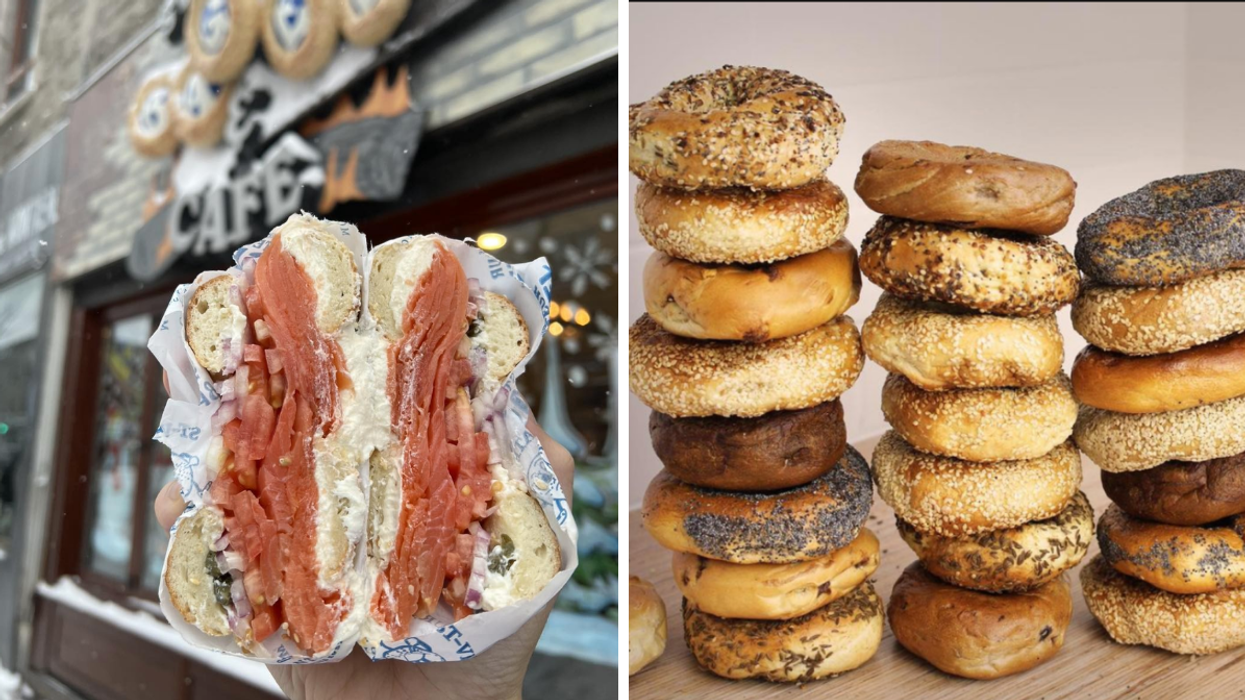 Someone holds a bagel sandwich outside St-Viateur. Right: Three stacks of Fairmount bagels on a table.