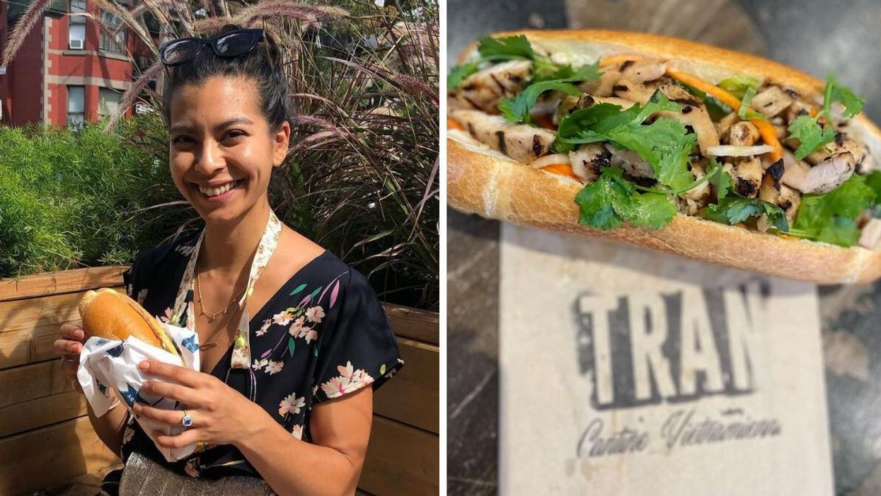 Someone holds a bánh mì sandwich outside during the summer. Right: A close-up of a baguette filled with meat and cilantro.