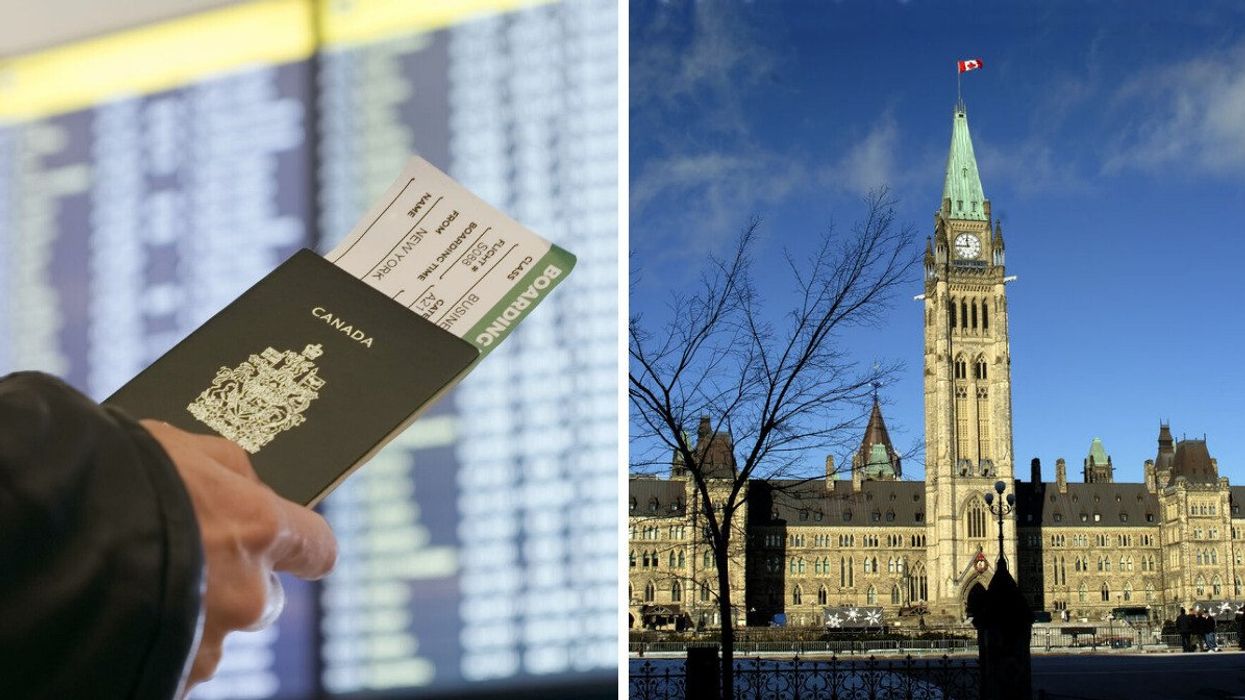 Someone holds a Canadian passport at the airport. Right: Canadian parliament buildings in Ottawa on a winter day.