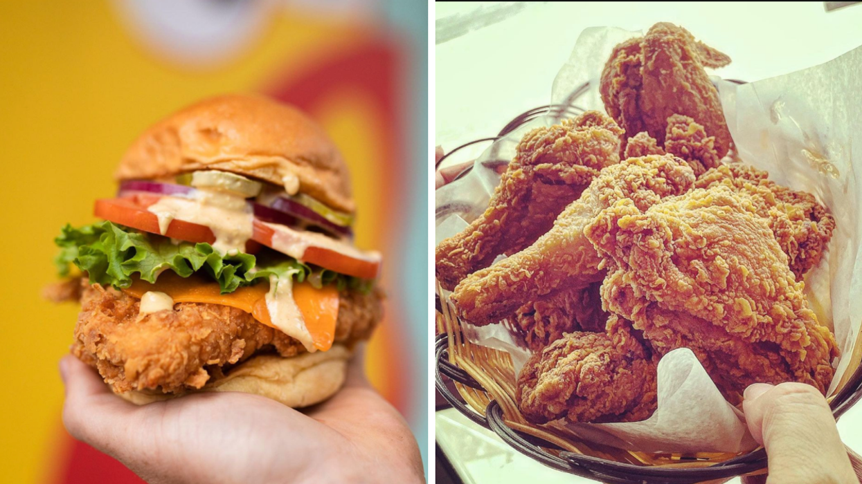 Someone holds a chicken sandwich from Jack Le Coq. Right: A basket of Mon Ami fried chicken.