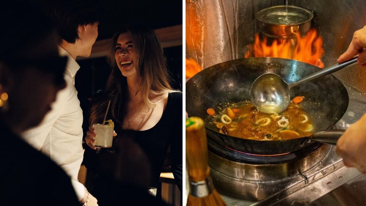 Someone holds a cocktail while laughing. Right: A chef stirs the contents of a wok on a fired up stove.