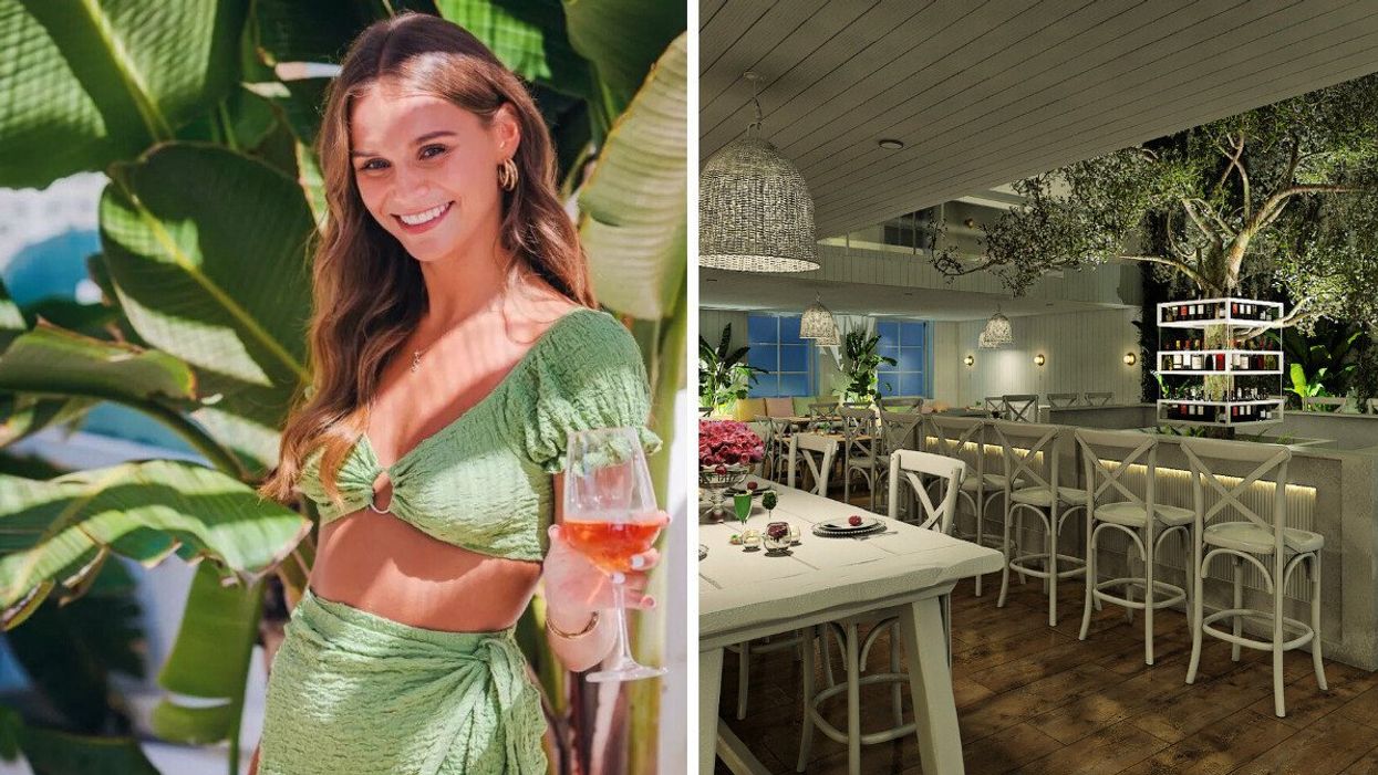 Someone holds a drink in front of tropical plants. Right: The Pangea bar with a tree at the centre.