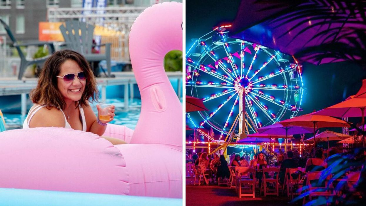 Someone holds a drink while riding on a pink flamingo float. Right: A ferris wheel lit up at night behind people sitting at tables with neon-coloured umbrellas.