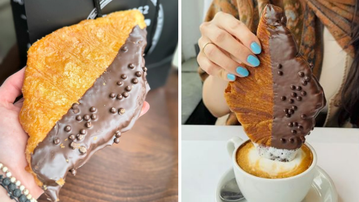 Someone holds a flat croissant dipped in chocolate from Montreal's Duc de Lorraine. Right: Someone dips the new viral flat croissant into a coffee.