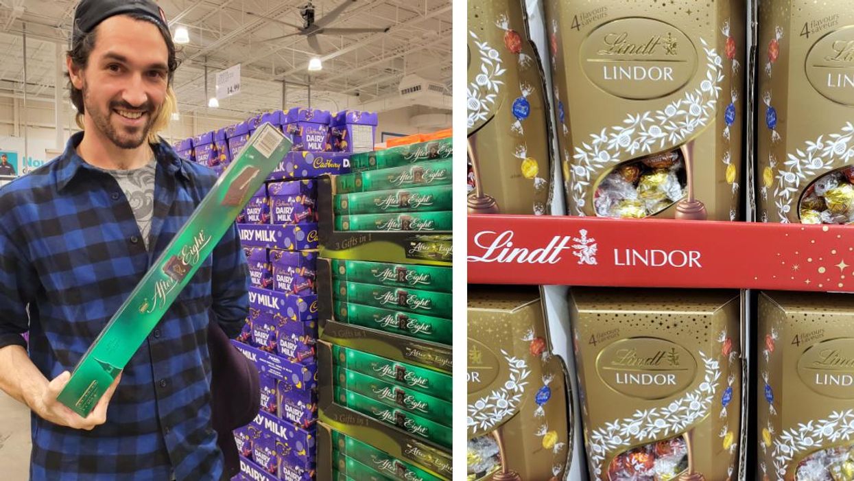 Someone holds a giant box of After Eight. Right: Boxes of Lindt chocolate.