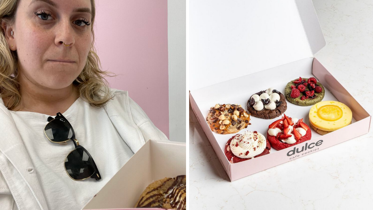 Someone holds a large cookie in a box. Right: An open pink-and-white box containing six different cookies with various toppings.