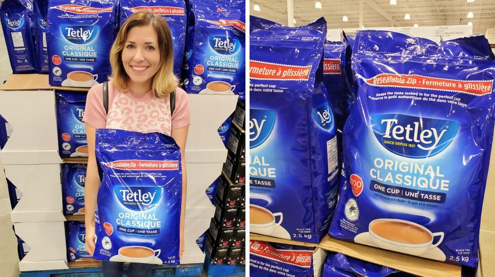 Someone holds a massive bag of Tetley tea that covers most of their torso. Right: Stacked Tetley bags.