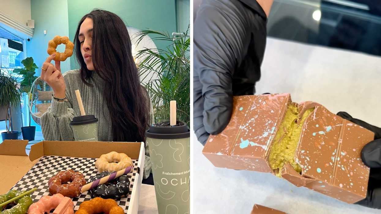 Someone holds a mochi donut at a bubble tea cafe, a box full of various mochi donuts in front of them. Right: Someone tearing apart a Dubai chocolate bar.