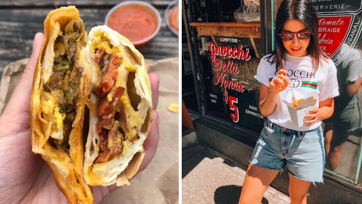 Someone holds an open empanada. Right: A person eats gnocchi out of a take-out container.