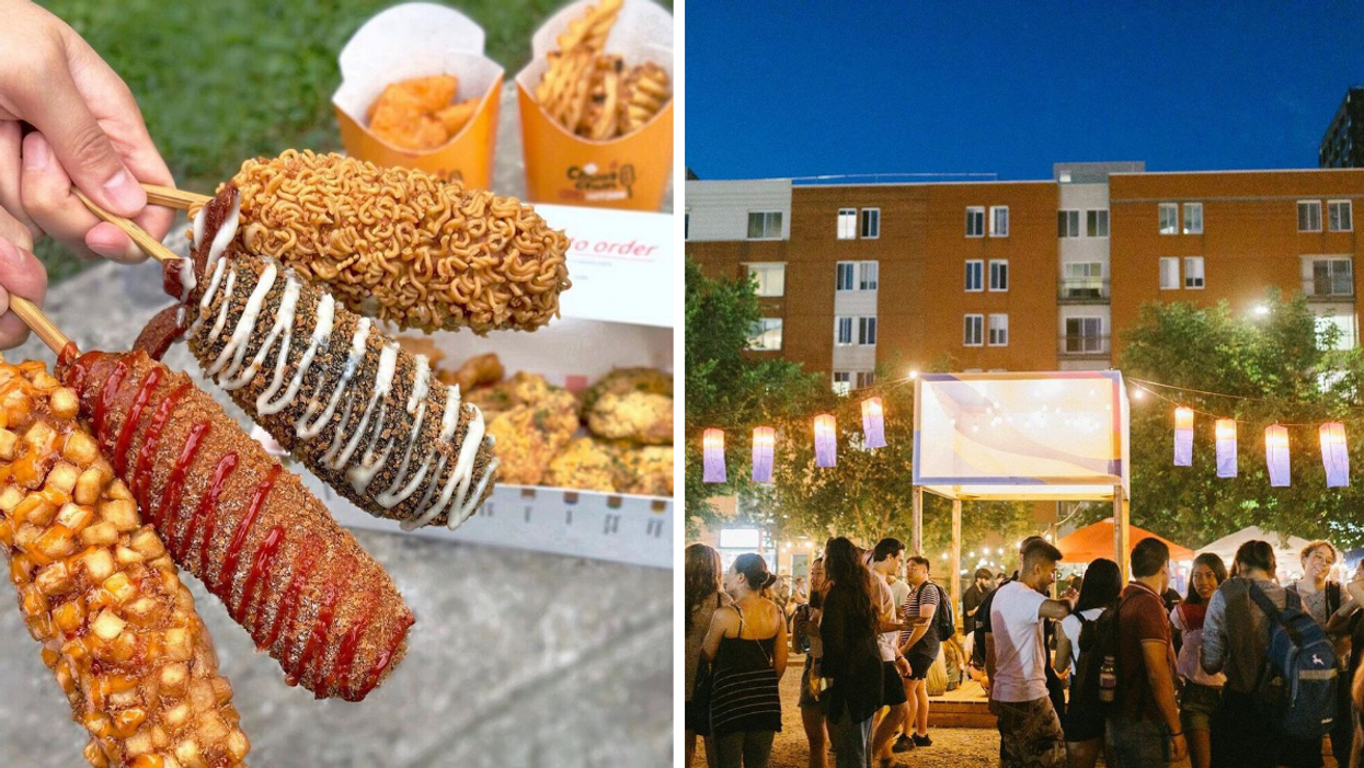 Someone holds four different flavours of Korean-style pogos from Chungchun Rice Dog. Right: A crowd of people standing outside below lit-up lanterns that hang from a string.