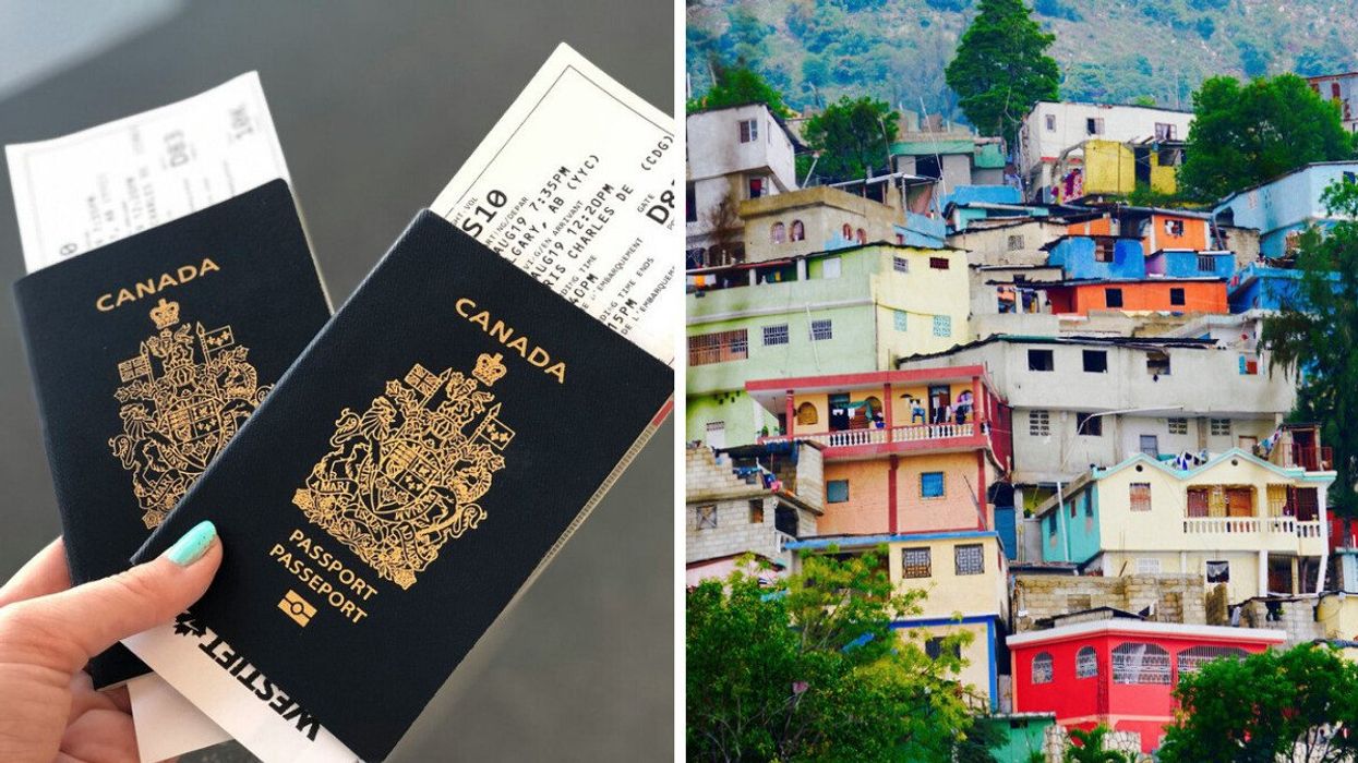 Someone holds two Canadian passports and boarding passes. Right: Colourful homes outside Port-au-Prince, Haiti.