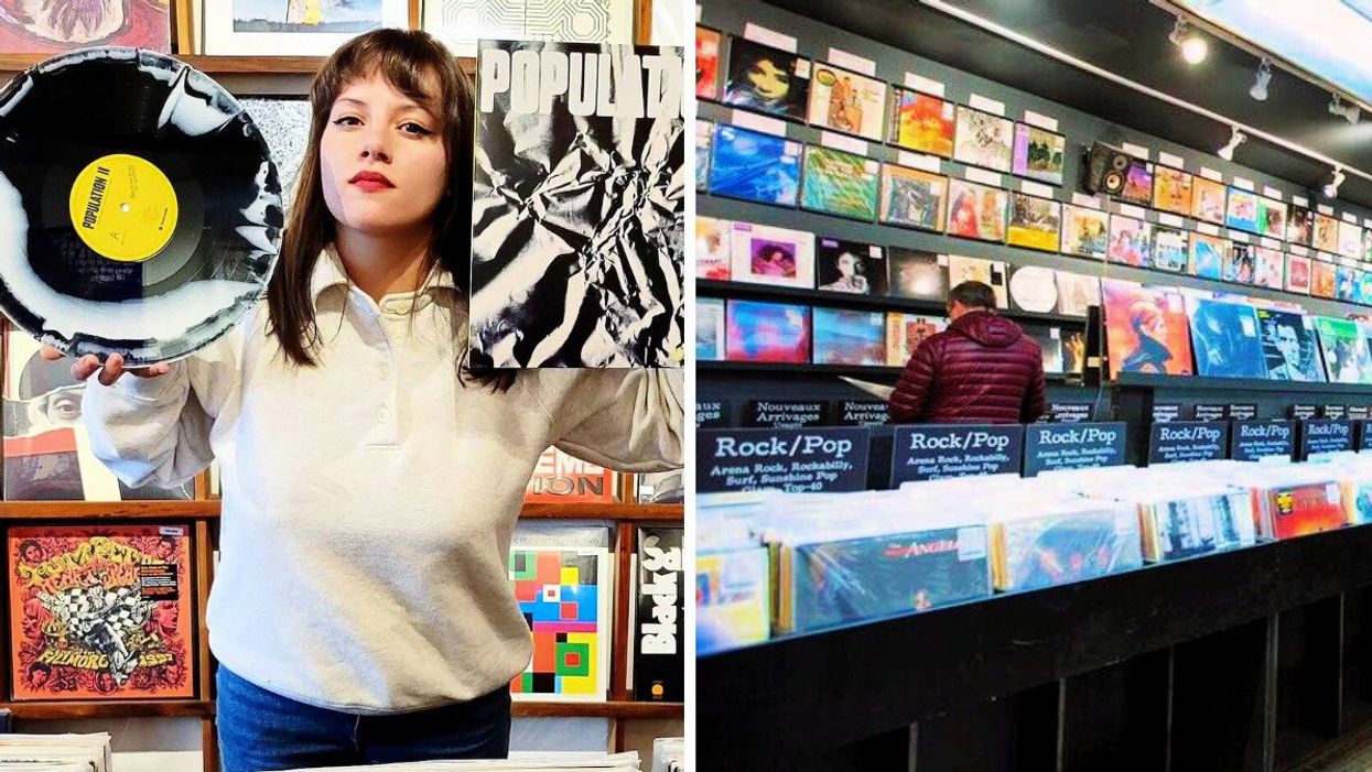 Someone holds up a black and white vinyl at Montreal record store Le Vacarme. Right: A person browses at Aux 33 Tours.