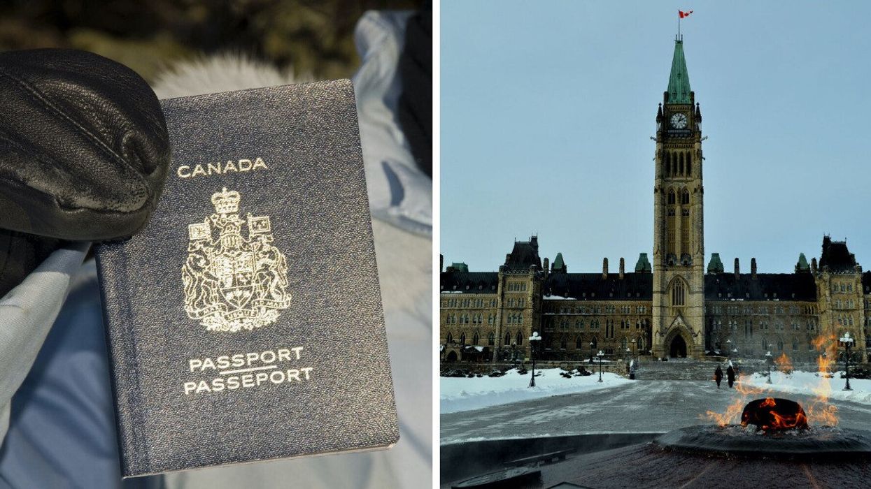 Someone holds up a Canadian passport. Right: The Parliament of Canada in Ottawa.