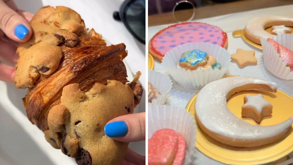 Someone holds up a cookie croissant. Right: A selection of Ramadan-themed sweets.