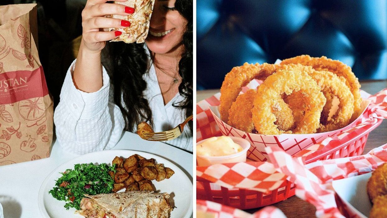 Someone holds up a shawarma while eating garlic potatoes. Right: Onion rings in a red basket.