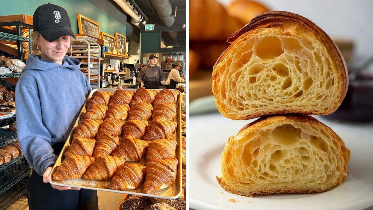 Someone holds up a tray full of croissant. Right: A croissant cut in half on a white plate.
