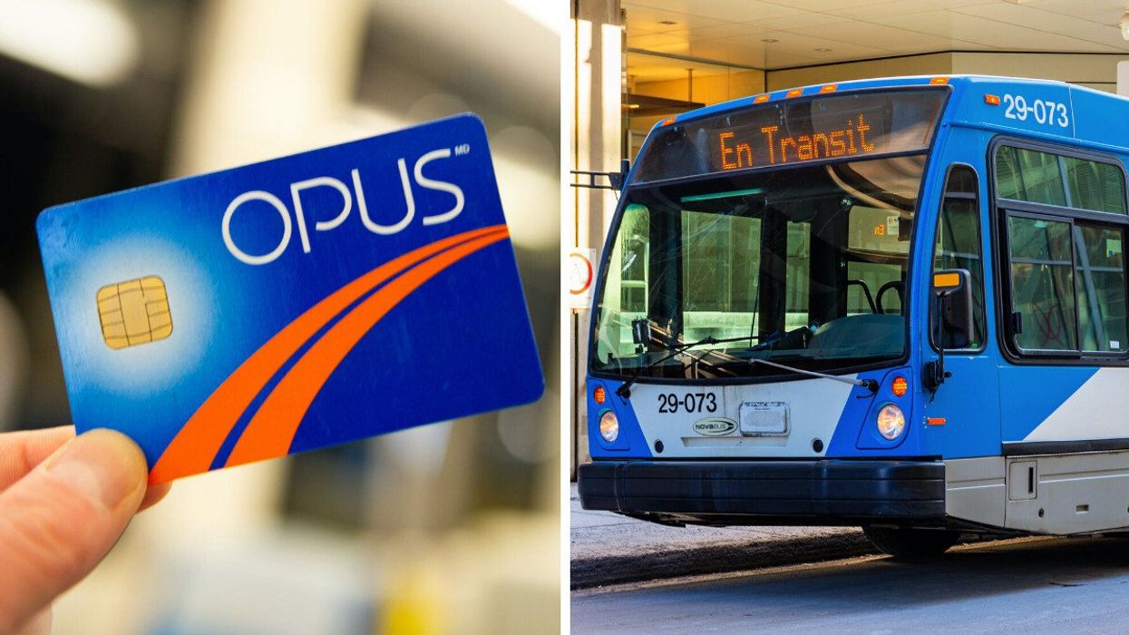 Someone holds up an OPUS card. Right: An STM bus in front of a Montreal metro station.