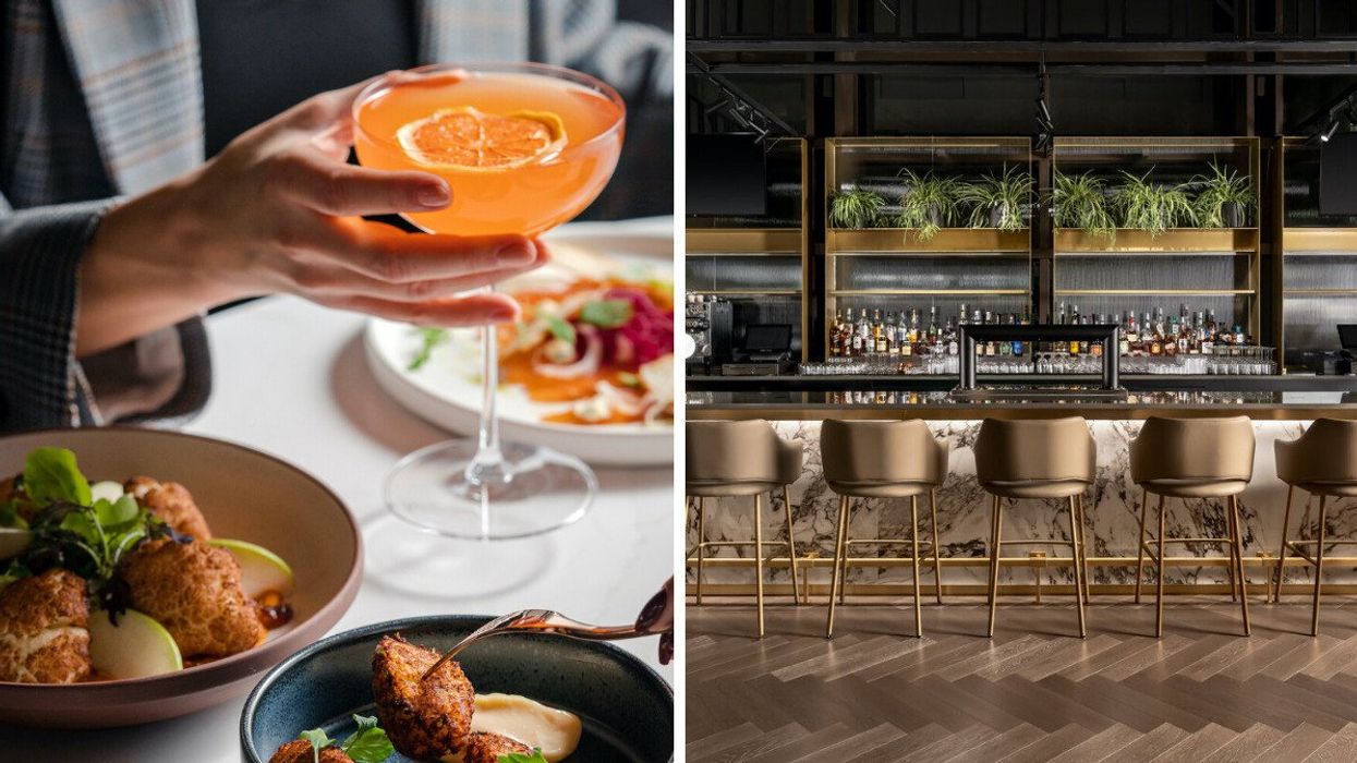 Someone holds up an orange cocktail. Right: The Restaurant Stanley bar.