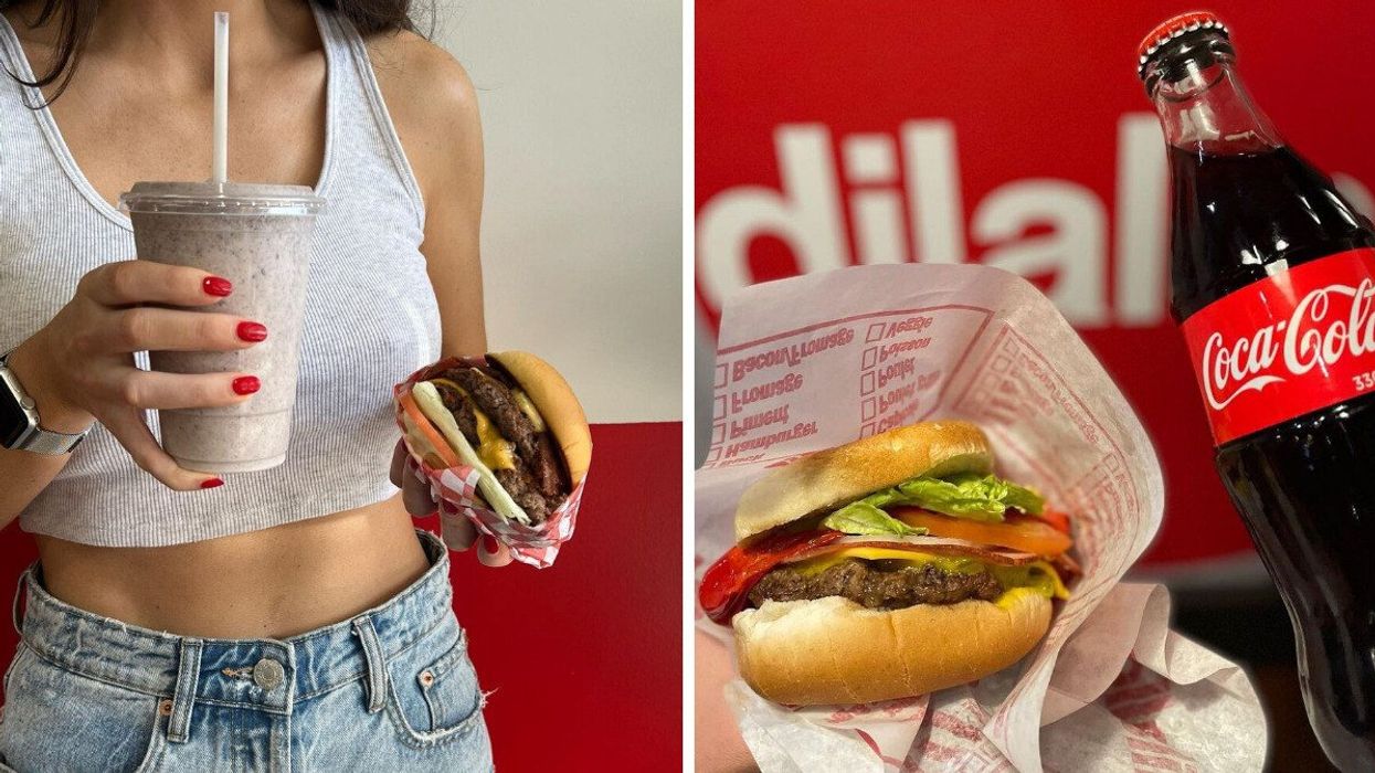 Someone holds up an oreo shake and burger from Uniburger. Right: A burger and coke from Dilallo.