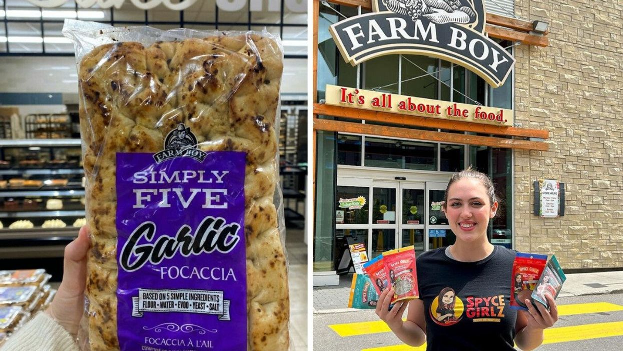 Someone holds up garlic focaccia in the Farm Boy bakery. Right: Someone stands outside the entrance of the grocery store.