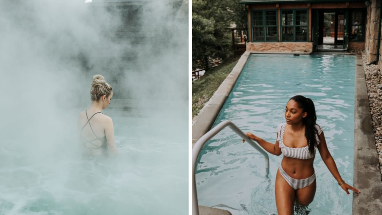 Someone in a bath at Siberia Spa. Right: A person coming out of a pool at Polar Bear's Club.