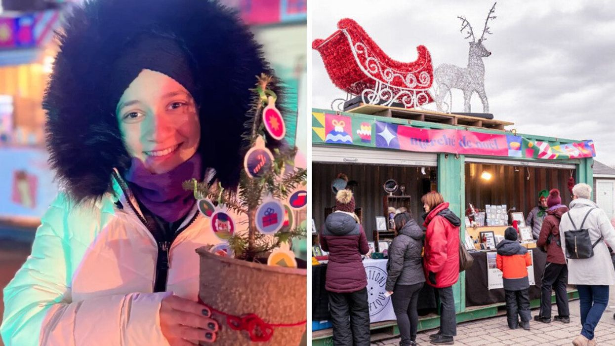 Someone in a fluffy winter coat holds a decorated Christmas tree sapling. Right: People shop in a Christmas market booth that's topped with a glittering reindeer and sleigh.