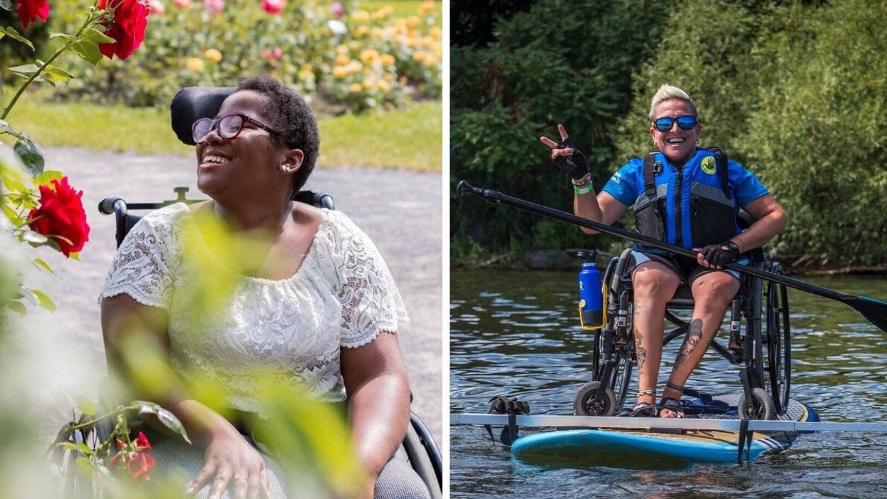 Someone in a wheelchair smiles beneath red roses. Right: A person in a wheelchair holds up a peace sign while on an adapted paddleboard in the water.