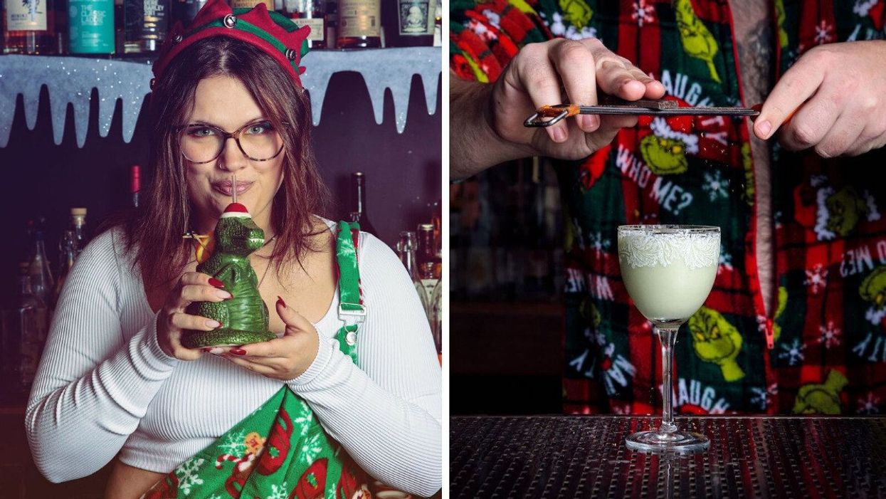 Someone in an elf outfit sips a cocktail from a Santa dinosaur cup. Right: A bartender in a Grinch shirt shaves chocolate onto a small green cocktail.