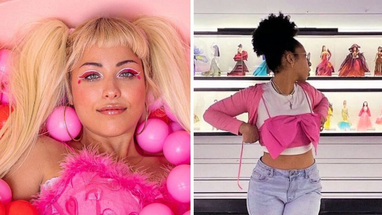Someone in the ball pit at Le Saint Motel. Right: A person poses in a pink bow top in front of dolls at Montreal's Barbie Expo.