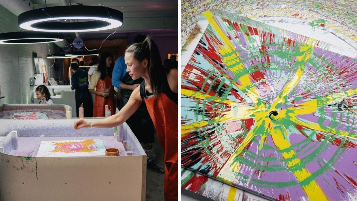 Someone leans over a booth at Art Chaos. Right: A canvas with splattered paint.
