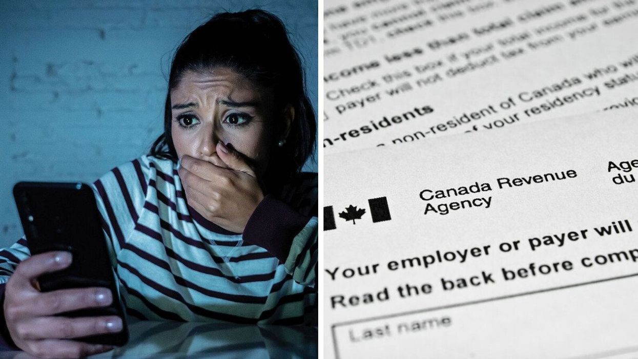 Someone looks at their phone with concern. Right: Canada Revenue Agency forms.