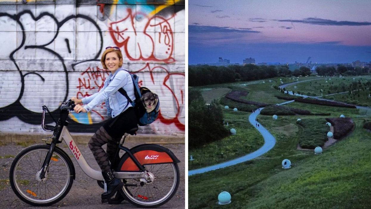 Someone on a BIXI carrying a dog in a backpack. Right: A winding path through Parc Frédéric-Back at sunset.