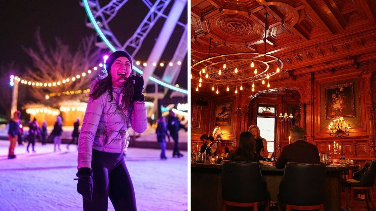 Someone on the ice near the Grand Roue in the Montreal Old Port. Right: Two people at opulent Bar George.