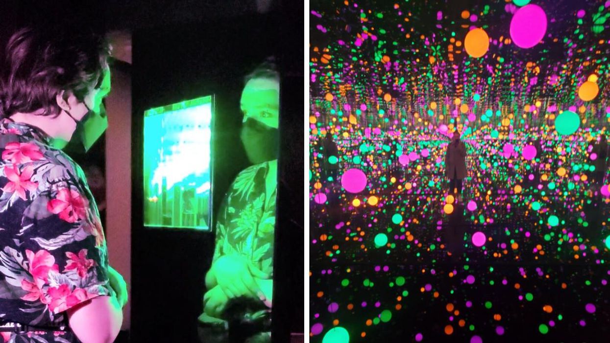 Someone peers into a window illuminated with green light. Right: A person surrounded by mirrors and glowing orange, pink, and green spheres that look like they go on forever.