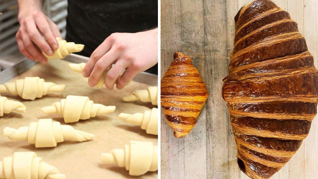 Someone places rolled croissant dough on a baking tray. Right: A small croissant next to one four times as big.
