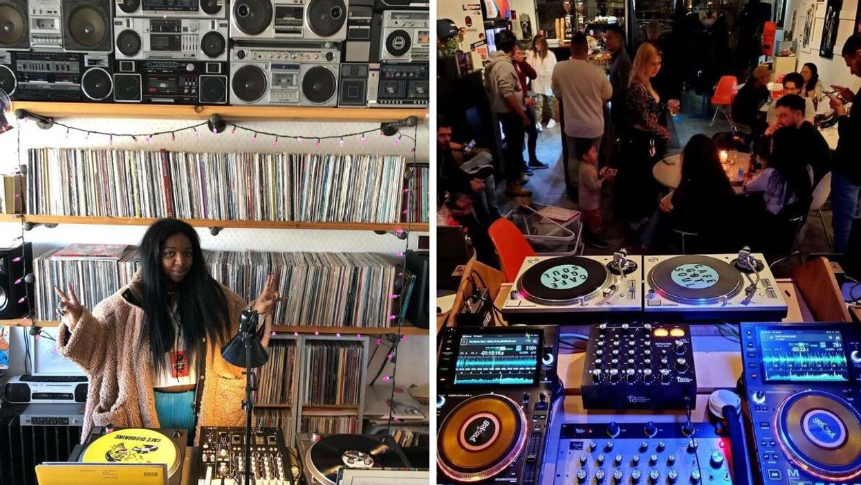 Someone poses in front of rows of records. Right: People gather around tables near a DJ booth.
