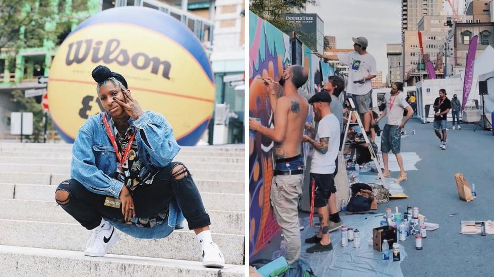 Someone poses on stairs in Place des Festivals in front of a massive basketball. Right: People paint a mural in downtown Montreal.