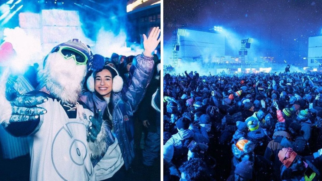 Someone poses with a yeti. Right: People dance in the snow at Igloofest.