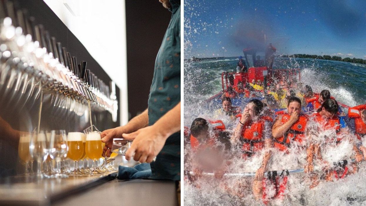 Someone pouring beer from a tap. Right: A group of people getting splashed by waves on a boat.