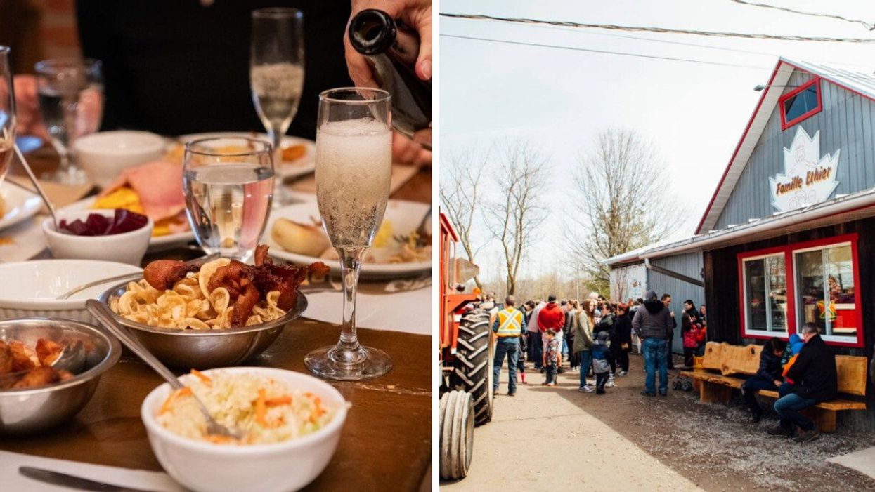 Someone pours champagne next to bowls of traditional sugar shack items. Right: People gathering outside a local sugar shack.