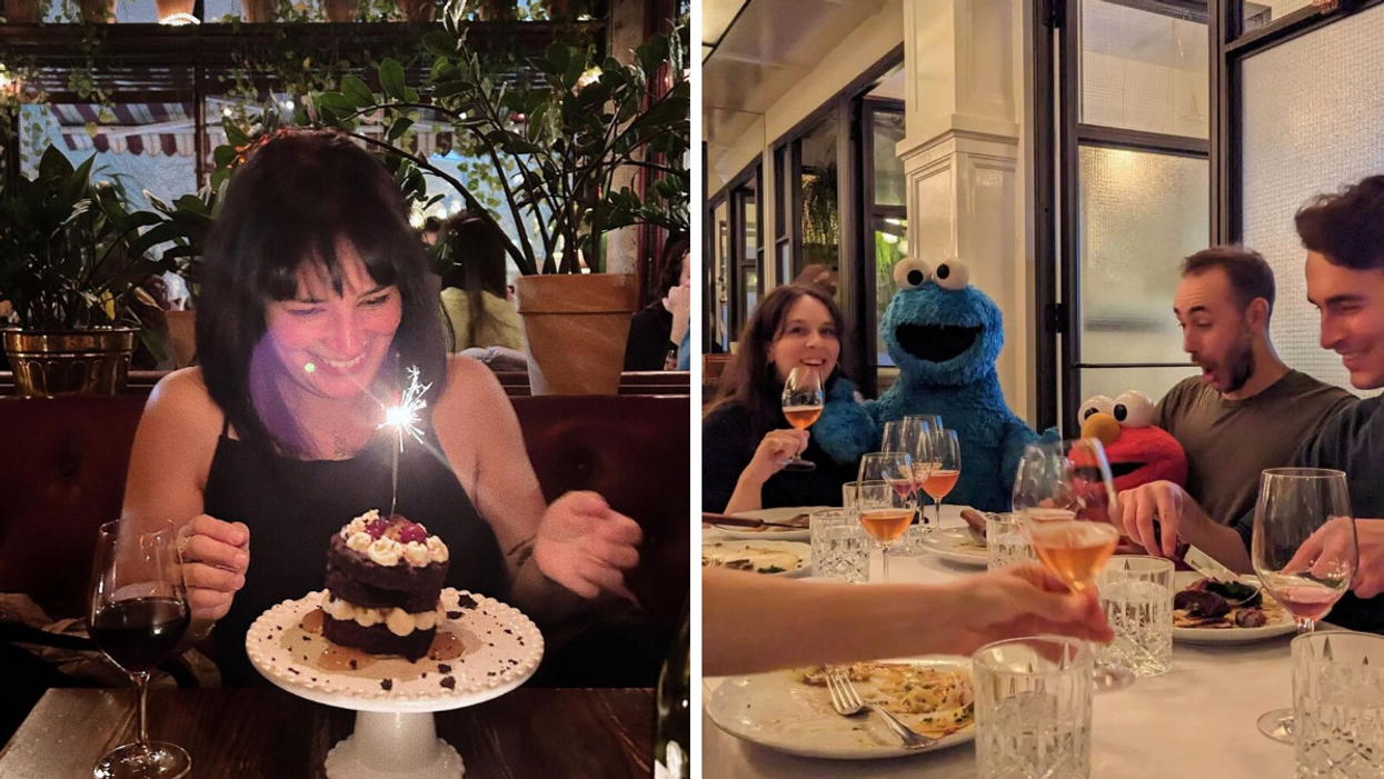 Someone seated at a Montreal bar looks at a birthday cake, which has a lit sparkler in it. Right: Patrons at a restaurant enjoying a meal with Sesame Street plush toys.