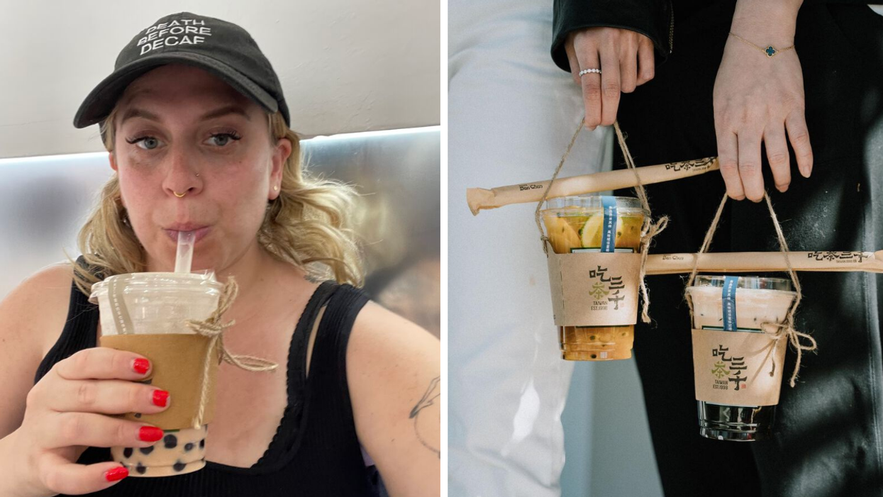 Someone sips on a bubble tea drink. Right: Two people hold boba drinks using string carriers.