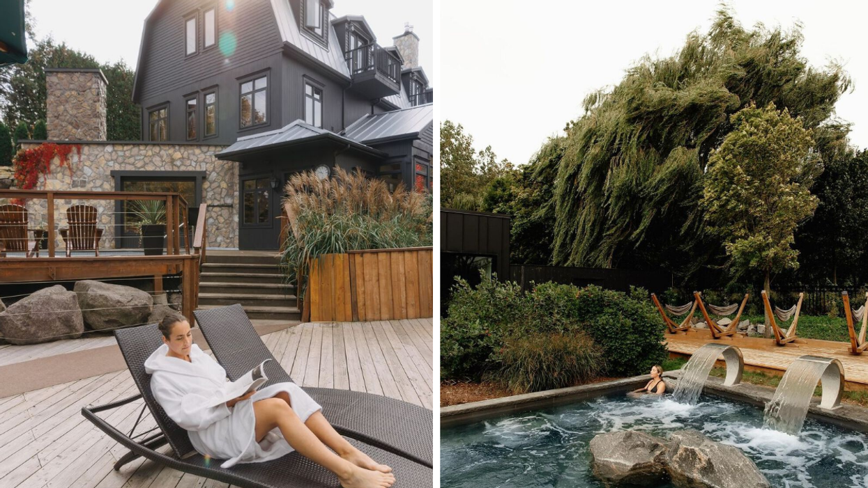 Someone sits in a chair reading. Right: Someone in a swimming pool surrounded by lush green trees.