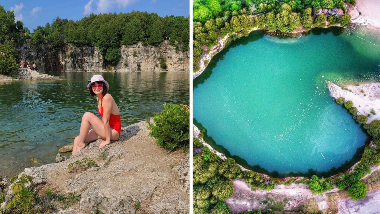 Someone sits on a limestone cliff at a quarry. Right: A limestone quarry filled with sparkling turquoise water.