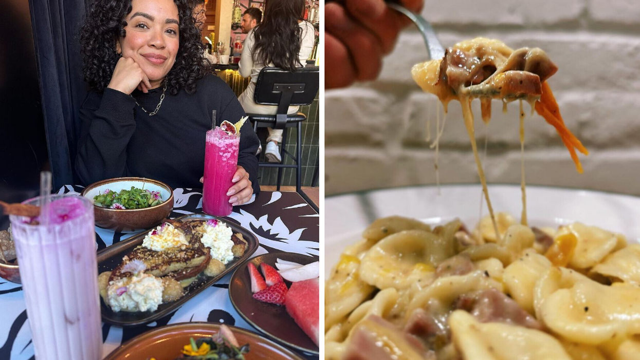 Someone sits, smiling, at a table filled with colourful brunch food. Right: Someone holds a fork with pasta on it, as cheese oozes over a bowl with more pasta.