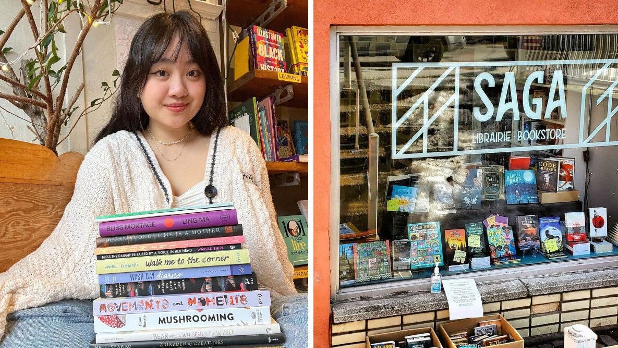Someone sits with a pile of books. Right: The entrance to Saga Bookstore in Montreal.